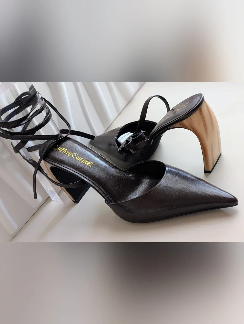 Jeffrey Campbell Accrual Coffee Leather Ankle Wrap Pointed Toe Pumps 8